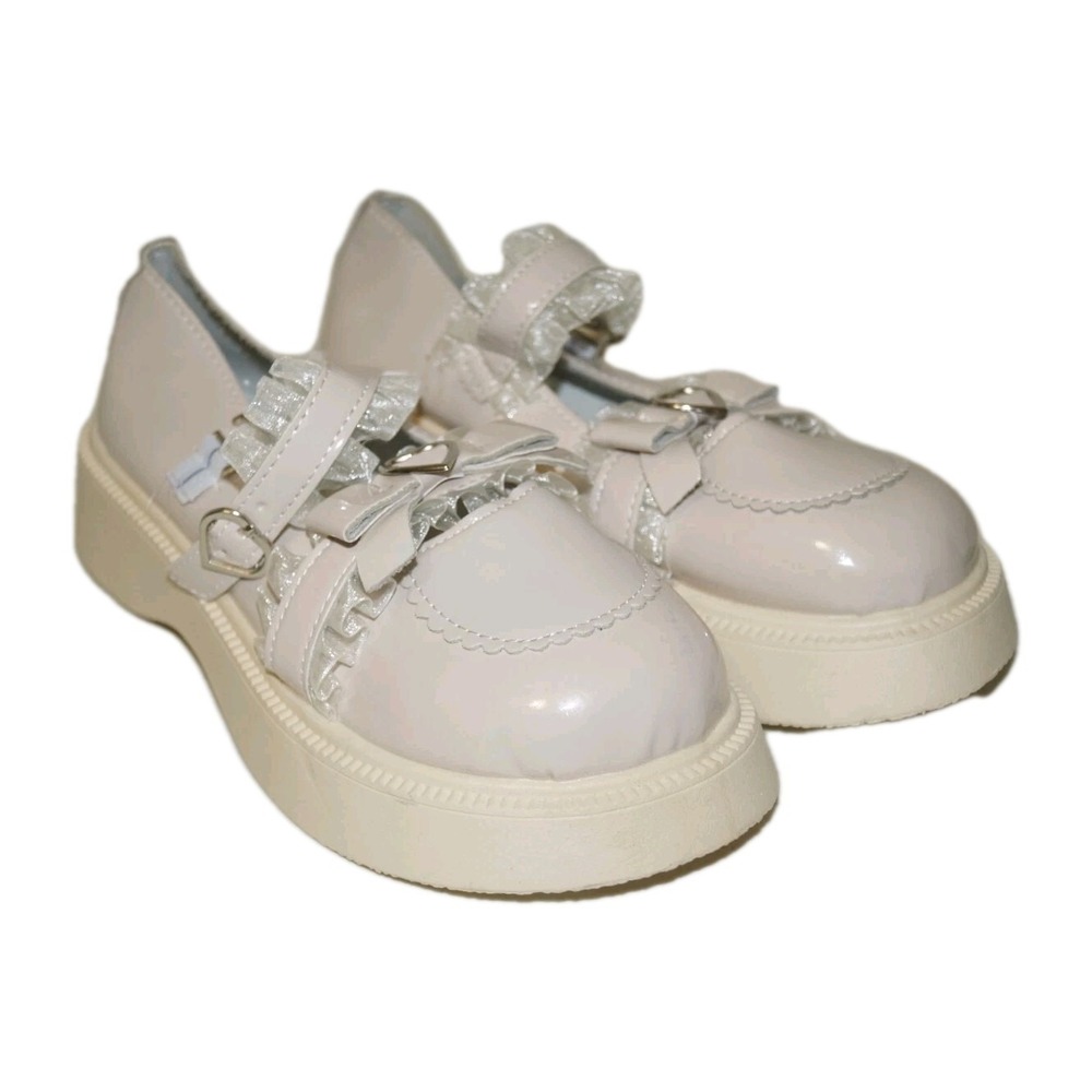 Women's Beige Taupe Platform Patent Leather Loafers Bow Buckle Size 7.5 EU‎ 40